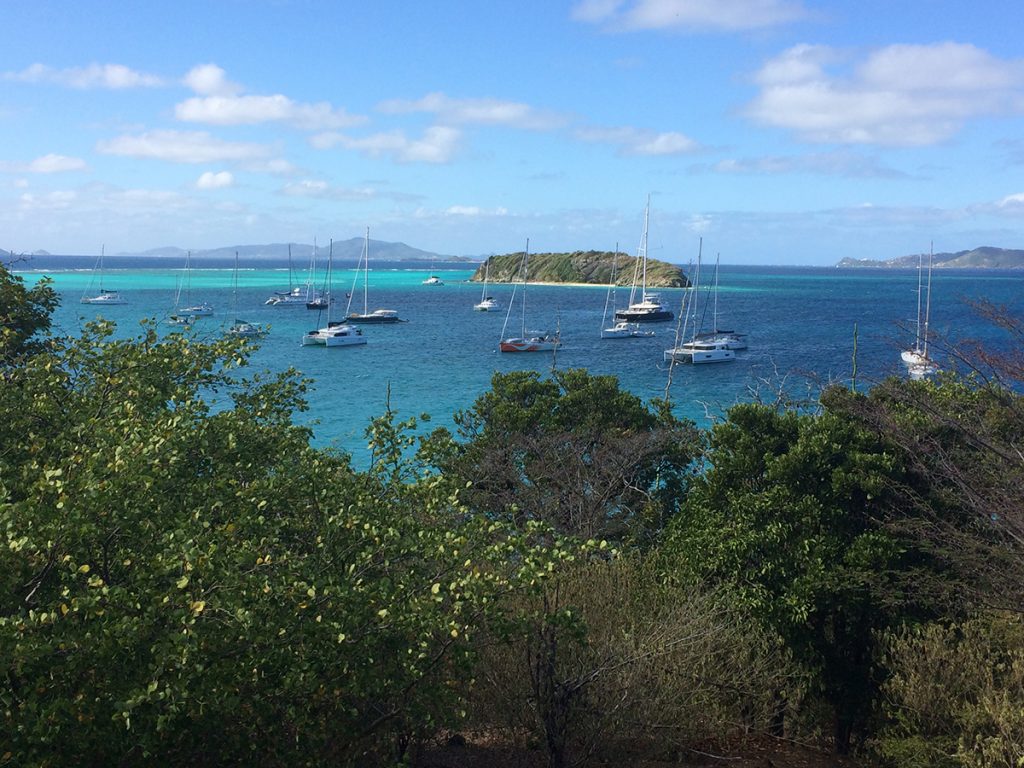 Blick von der kleinen Insel Baradal bei den Tobago Cays auf die davor ankernden Yachten
