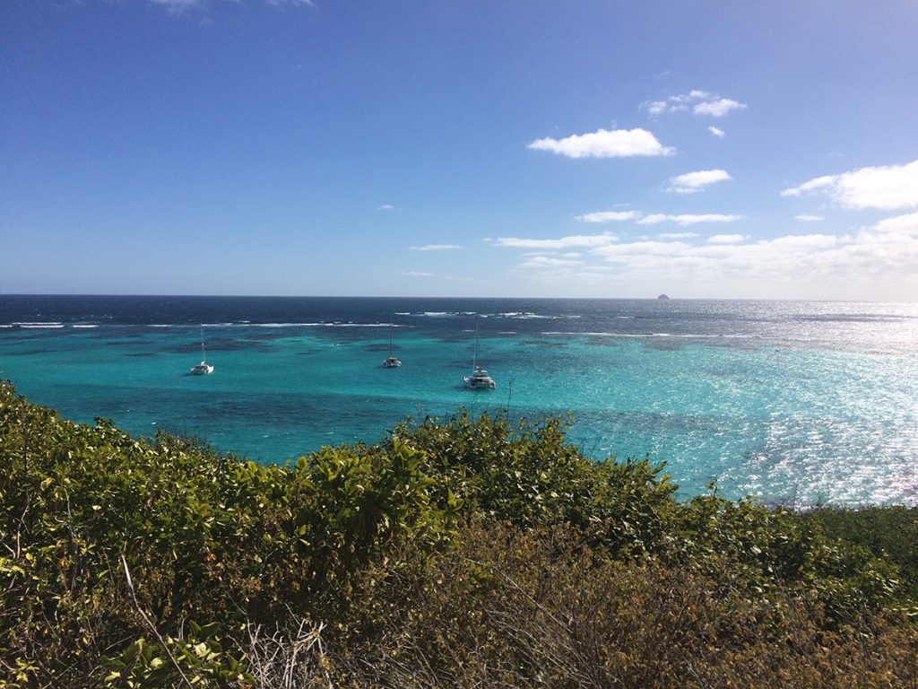 Die Yachten liegen in den Tobago Cays vor dem offenen Atlantik, nur durch ein Riff geschützt